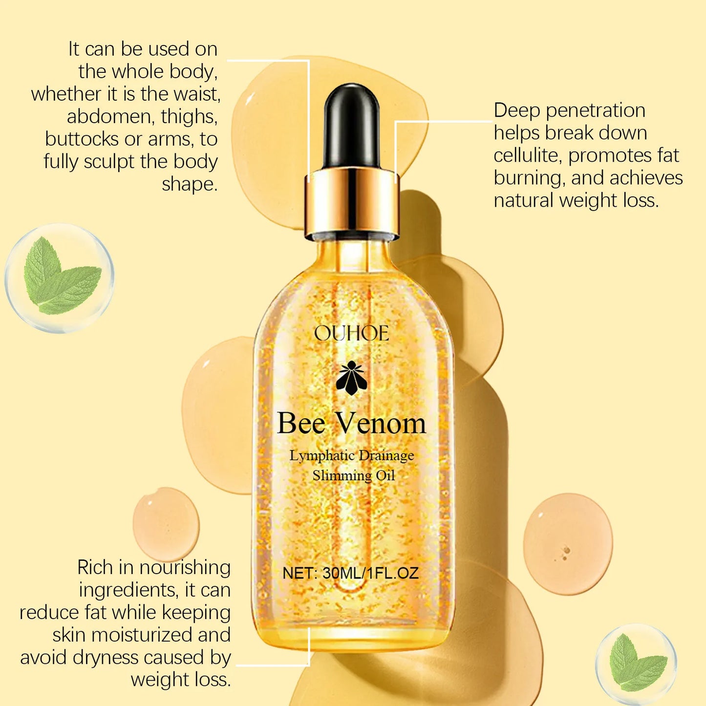 Weight Loss Oil Bee Venom Lymphatic Drainage Detox Anti Swelling Firming Lifting Belly Fat Burner Shaping Body Massage Product