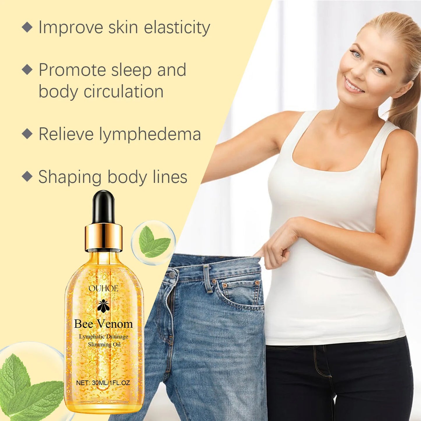 Weight Loss Oil Bee Venom Lymphatic Drainage Detox Anti Swelling Firming Lifting Belly Fat Burner Shaping Body Massage Product